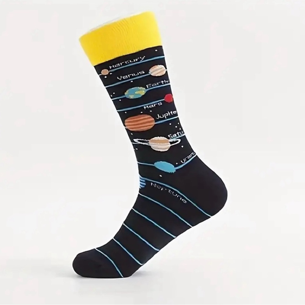 Black & Yellow Casual Socks with Celestial Design, NEW, Solar System Theme Socks